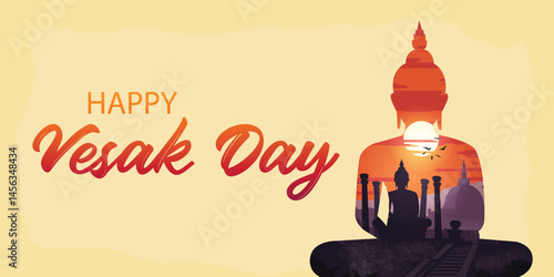 Vesak day  illustration featuring a serene Buddha silhouette, sunset hues, and temple imagery