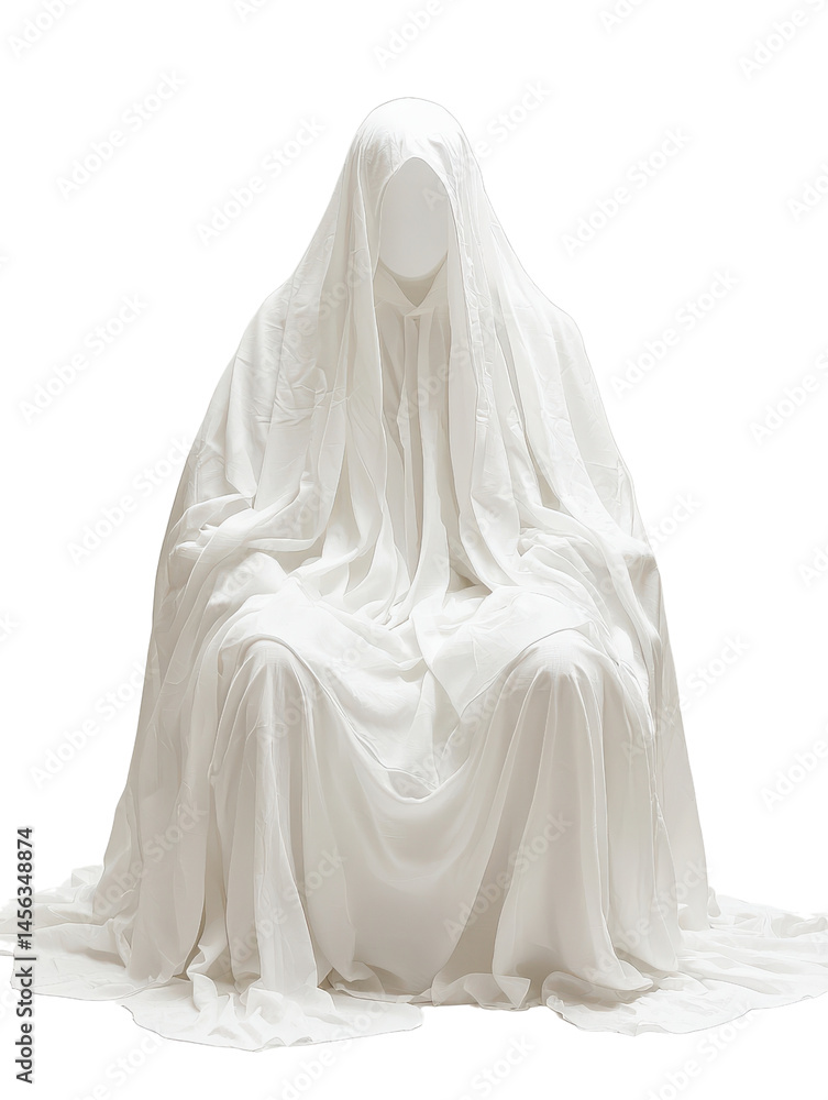 Mysterious figure draped in flowing white fabric, exuding an eerie and ethereal presence. Mysterious figure draped in flowing white fabric, exuding an eerie and ethereal presence.