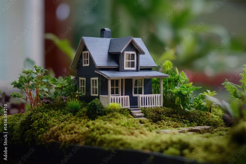 Miniature house model nestled in a lush mossy landscape Small, detailed house sits atop a bed of moss and greenery Wooden porch and dark exterior Miniature house model nestled in a lush mossy landscape Small, detailed house sits atop a bed of moss and greenery Wooden porch and dark exterior