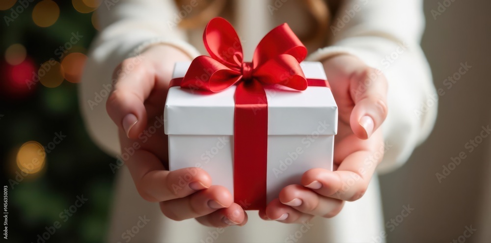 Large hands gently hold a pristine white gift with a vibrant red bow , white box, winter wonderland, hands Large hands gently hold a pristine white gift with a vibrant red bow , white box, winter wonderland, hands