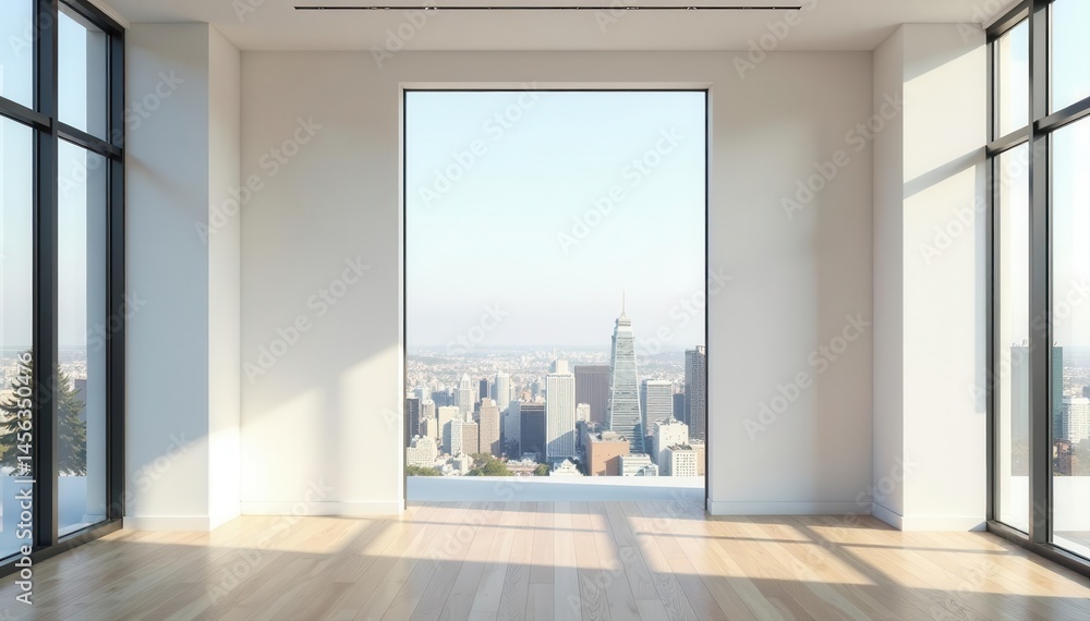 Fototapeta premium Modern office entrance, white walls, wood floor, city view, canvas mockups, building, commercial, decor
