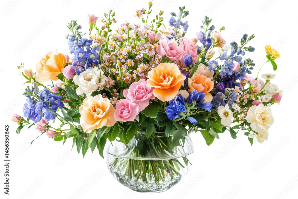 Fototapeta premium Vibrant Spring Bouquet: Delicate Blooms in a Vase, Isolated on White Background, Perfect for on transparent background