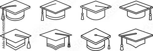 set of graduation cap line art, black outline, vector and illustration, coloring book page line art drawing