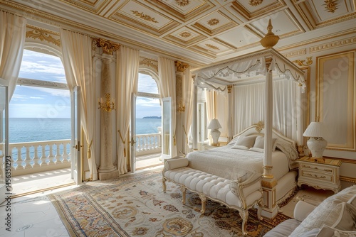 An opulent master bedroom with a king-sized four-poster bed, intricate gold detailing, luxurious fabrics, and a private balcony overlooking the ocean, 