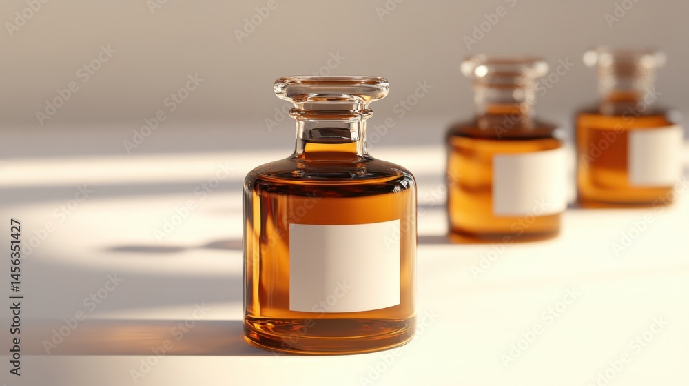 Apothecary-style amber bottles with blank labels placed on cream-toned surface Apothecary-style amber bottles with blank labels placed on cream-toned surface