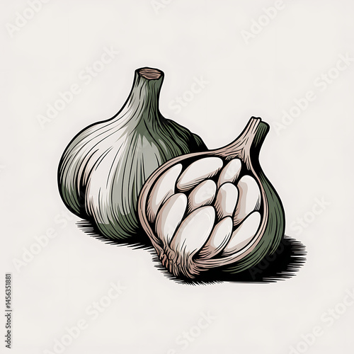 Woodcut Style Garlic Bulbs Art

