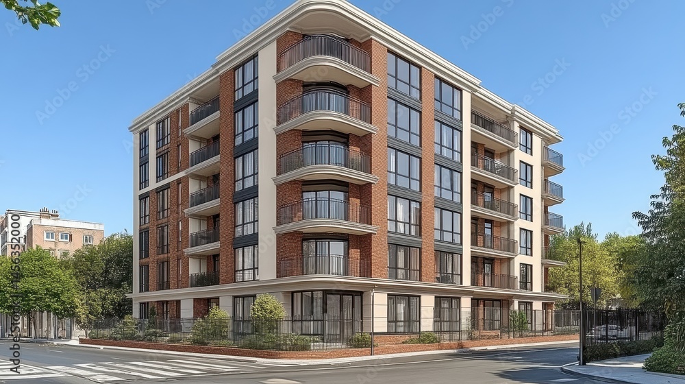 Obraz premium Modern apartment building facade with balconies against a clear 