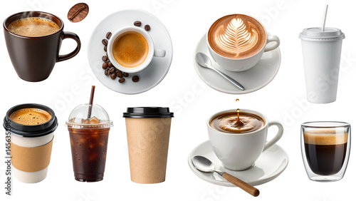 Set of realistic coffee drinks  including espresso, latte, cappuccino, iced coffee and takeaway cups, isolated on transparent background for design use