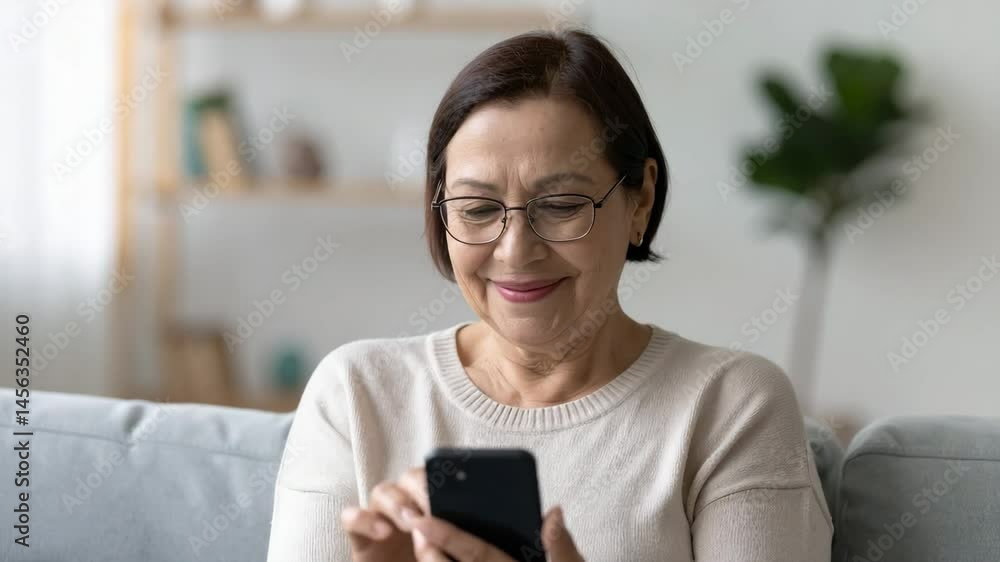 Woman Sitting Calmly on Couch Holding Smartphone and Smiling Gently Woman Sitting Calmly on Couch Holding Smartphone and Smiling Gently