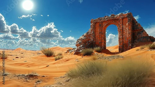 Desert landscape with ancient arch under bright sun