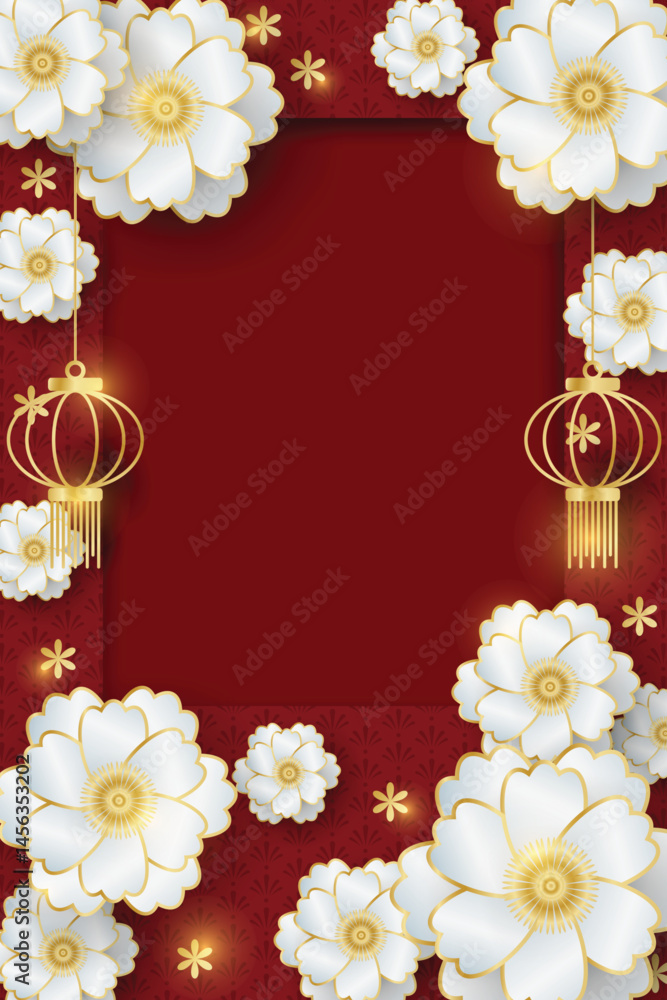 Fototapeta premium Chinese style festival banner of lanterns and white flowers on red pattern background and frame for your copy space. For Chinese New Year, Lunar new year, Mid-autumn festival.