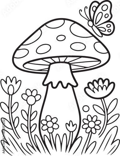 Mushroom with butterfly in nature black outline vector illustration for children coloring book or page design