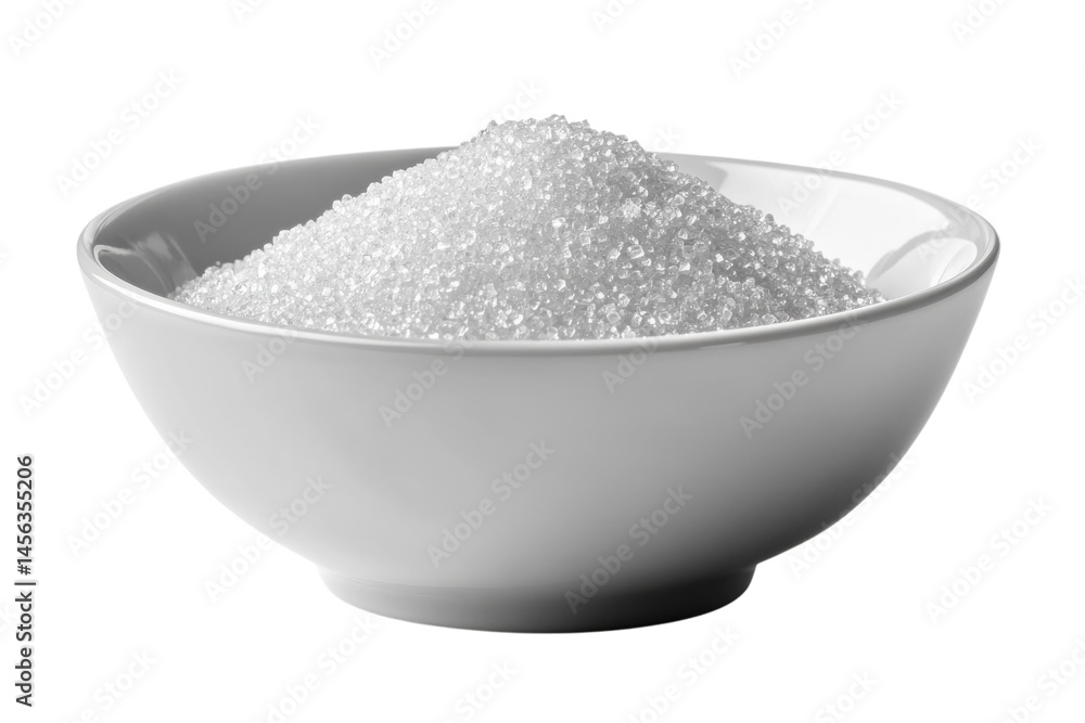 Sweetness in a Bowl: Close-up of Granulated Sugar in White Ceramic Bowl, Isolated on White on transparent background Sweetness in a Bowl: Close-up of Granulated Sugar in White Ceramic Bowl, Isolated on White on transparent background
