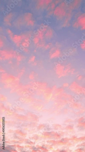 Vertical video 4K of ethereal beautiful sunset sky framed by dark green leaves. Light blue lilac sky with soft pink fluffy clouds with cotton candy texture. Dreamy mood of warm calming summer evenings
