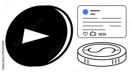Play button with video focus, social media card displaying thumbs ups and interactions, and digital coin for revenue. Ideal for online content, video monetization, social media marketing, digital