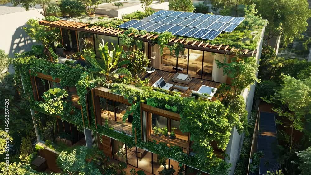 A bright rooftop garden showcasing a mix of solar panels and lush greenery. digital A bright rooftop garden showcasing a mix of solar panels and lush greenery. digital