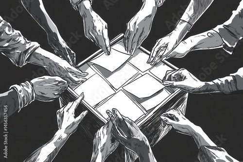 Voting box surrounded by hands in comic style illustrating democratic process and public participation in decision-making