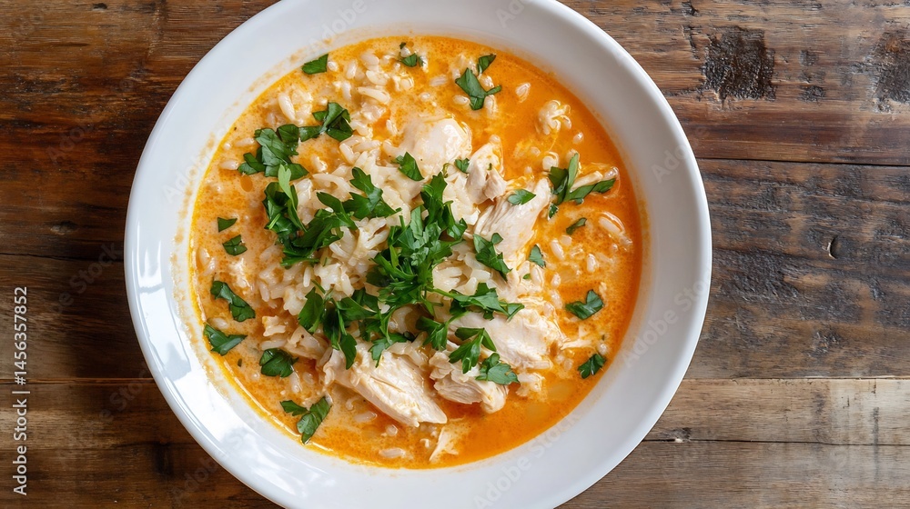Greece top down view of avgolemono chicken lemon soup rice garnished with parsley in a round white bowl over rustic wooden surface Greece top down view of avgolemono chicken lemon soup rice garnished with parsley in a round white bowl over rustic wooden surface