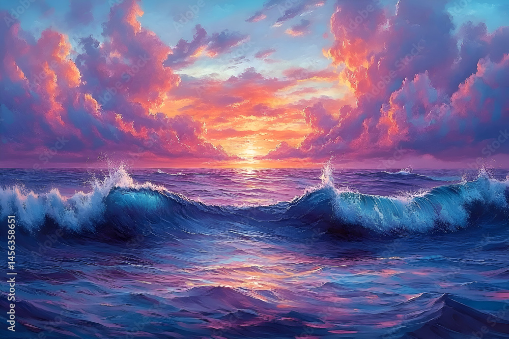 Fototapeta premium Vibrant Pink And Purple Sunset Over Ocean Waves