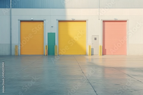 Colorful warehouse doors create a vibrant industrial setting in the morning light
