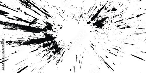 Abstract explosion, radial burst of ink splatter effect. Black ink splatter creates abstract background with dynamic energy. Dynamic charcoal burst explosion, isolated on transparent background. 
