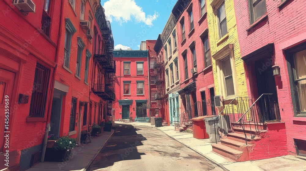 Fototapeta premium Vibrant urban cityscape featuring colorful buildings under a bri