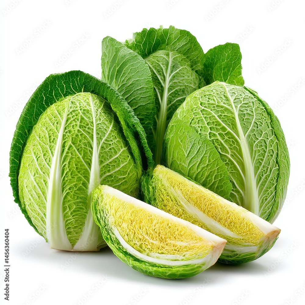 Fototapeta premium Fresh Green Cabbage with Pale Yellow Interior on White Background