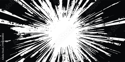 Vector black and white burst of paint on a white background. Black and white abstract background. White and black comic book background with light speed lines, explosion effect, and speed blur