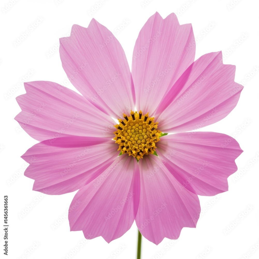 A close up shot of a vibrant pink cosmos flower with a yellow center isolated on a white background A close up shot of a vibrant pink cosmos flower with a yellow center isolated on a white background
