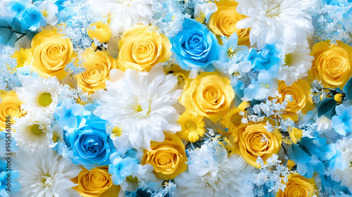 青や黄色の色とりどりの花が敷き詰められた華やかなフラワーウォール