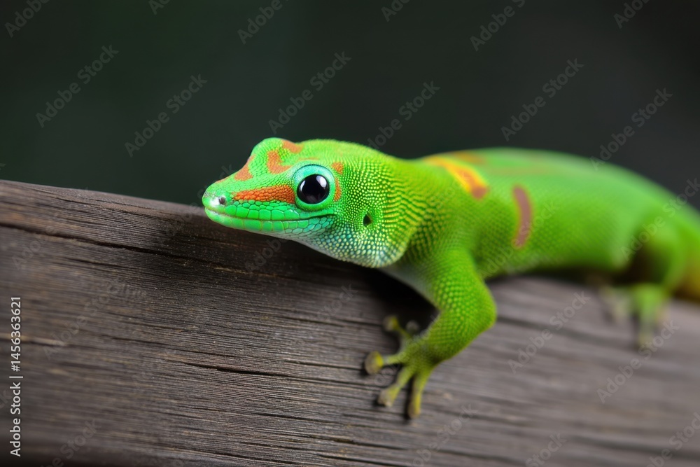 Fototapeta premium Colorful gecko resting on a wooden surface in a tropical setting during daylight hours