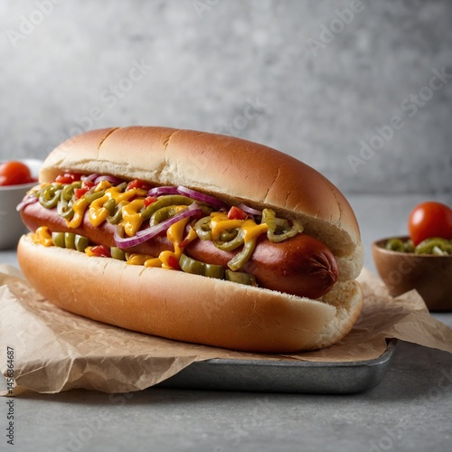 Loaded Hot Dog – DSLR Full Body Image – White Blurry Background