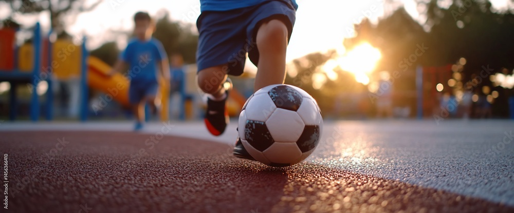 Fototapeta premium Energetic young boy playing soccer outdoors during golden hour sunset