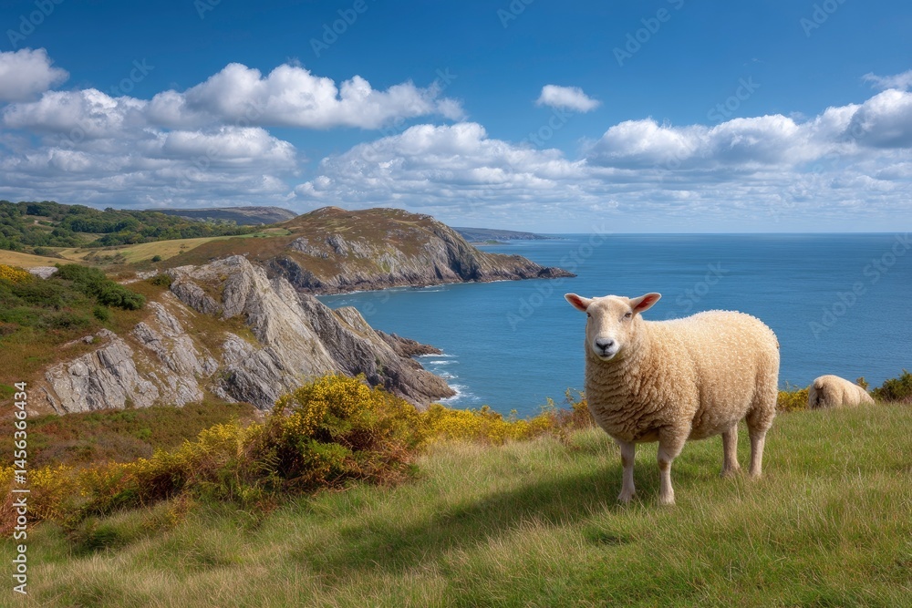 Sheep on Cliffside Meadow with Ocean and Sky Sheep on Cliffside Meadow with Ocean and Sky