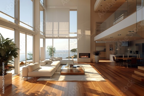 A contemporary, open-concept living space with sleek furniture, large glass windows, polished wood floors, and a fireplace as the centerpiece,