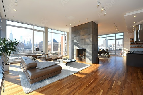 A contemporary, open-concept living space with sleek furniture, large glass windows, polished wood floors, and a fireplace as the centerpiece, 