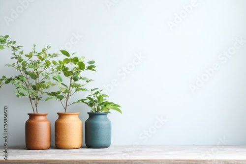 Wallpaper Mural Vibrant indoor plants in decorative pots on a wooden shelf in a bright, minimalistic room Torontodigital.ca