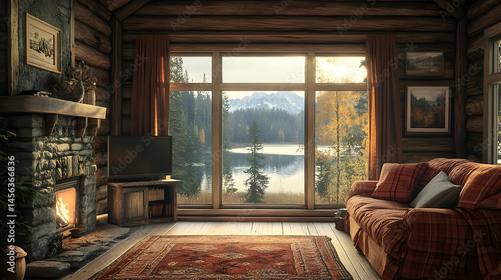 Cozy rustic cabin interior with a scenic view. Cozy rustic cabin interior with a scenic view.