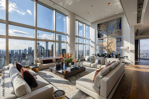 A glamorous penthouse living room with floor-to-ceiling windows, panoramic city views, luxurious furniture, and abstract artwork on the walls