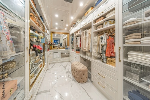 A glamorous walk-in closet with white marble floors, glass shelves, and an oversized mirror framed in gold, filled with high-end fashion, 