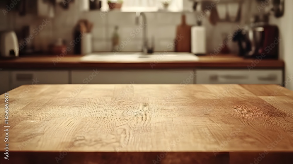 Empty wooden table surface in a softly lit kitchen. Empty wooden table surface in a softly lit kitchen.