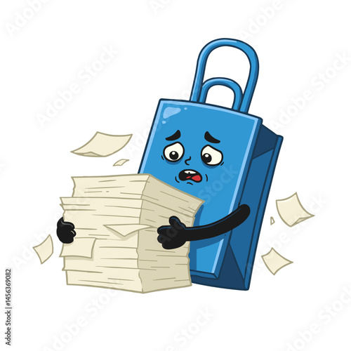 Overwhelmed binder character holding a stack of papers expressing office struggles for sticker pack