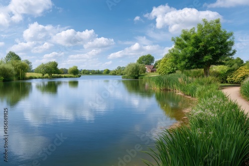Calm Lake Surrounded by Trees Under a Blue Sky