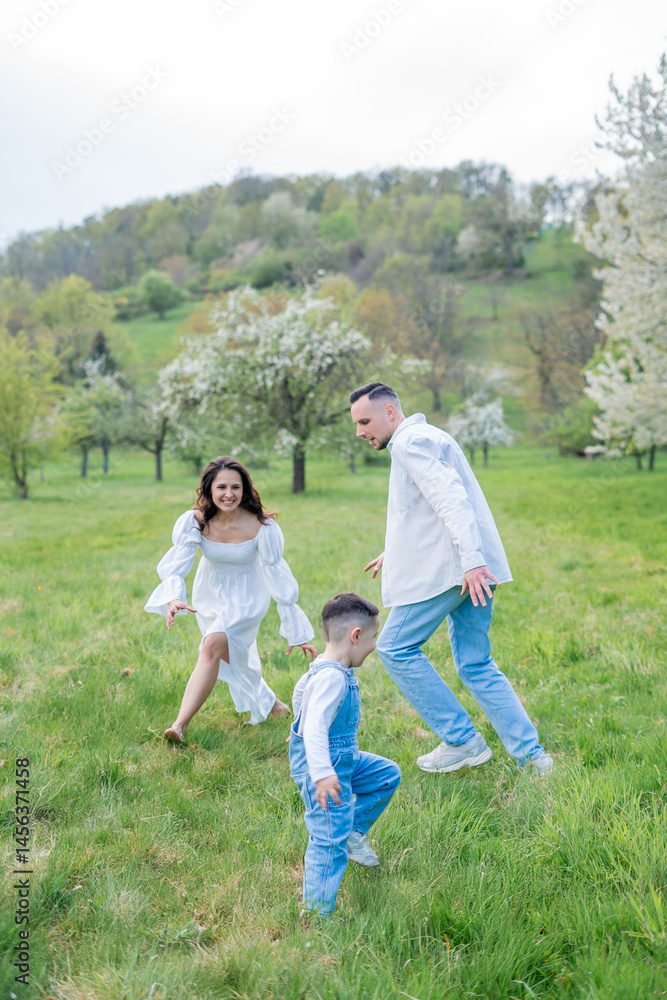 Young beautiful family walking in a field with blooming cherry trees. Dad, mom and little son playing in the garden outdoors. Young beautiful family walking in a field with blooming cherry trees. Dad, mom and little son playing in the garden outdoors.