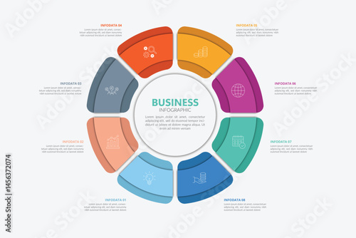Infographic elements design template, A circle infographic with 8 steps can be used for workflow layout, presentation, diagram, banner, web design, and vector illustration.