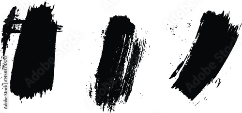 Vector set of grunge black brush marks isolated on transparent background. Abstract black paint splashes and brush strokes on a white background. Three bold strokes of black paint on a white surface,