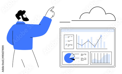 Man pointing at cloud while examining graphs, charts, and analytics on a digital dashboard. Ideal for data analysis, cloud computing, business intelligence, technology, teamwork, innovation