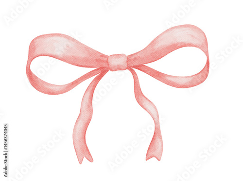 Coquette pink vintage bow drawing, isolated watercolor illustration, cute red ribbon