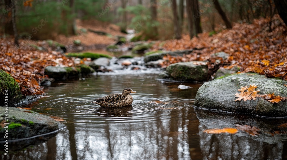 Duck on autumnal forest stream Duck on autumnal forest stream