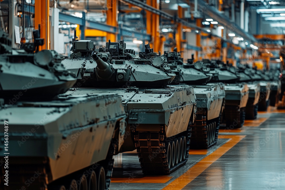 Naklejka premium Military tank production line modern factory army vehicles manufacturing